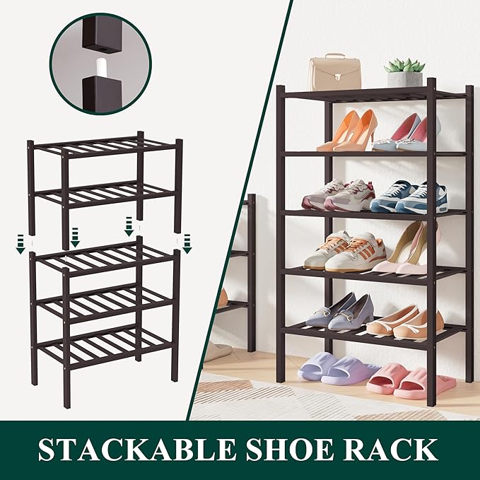 Smiry Bamboo Shoe Rack for Closet, 3 Tier Long Wooden Stackable Shoe Organizer, Free Standing Shoes Storage Shelf for Entryway, Front Door Entrance, Brown