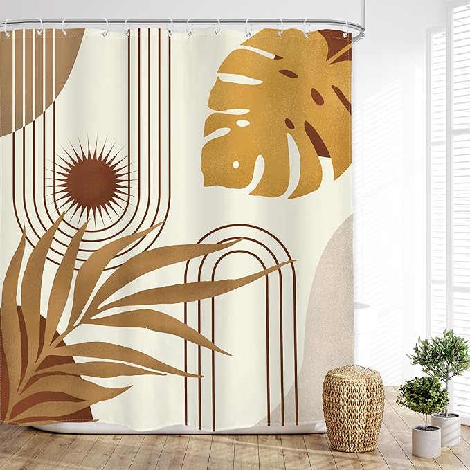 Glawry Boho Mid Century Shower Curtain Yellow Brown Abstract Tropical Palm Leaves Sun Bathroom Minimalist Geometric Arch Retro Plant 60Wx72L Inches Bath Accessories Art Home Decor Fabric 12 Pack Hooks