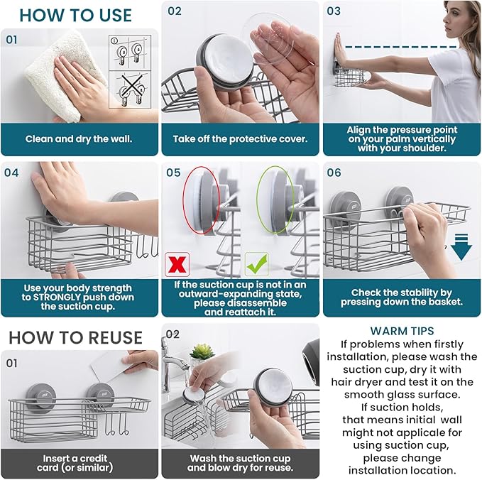 TAILI Shower Caddy Suction Cup 2 Pack with Hooks & Soap holder, Heavy Duty Shower Organizer for Bathroom, No Drilling Bathroom Organizer with Large Capacity, Metal Storage Basket-Grey