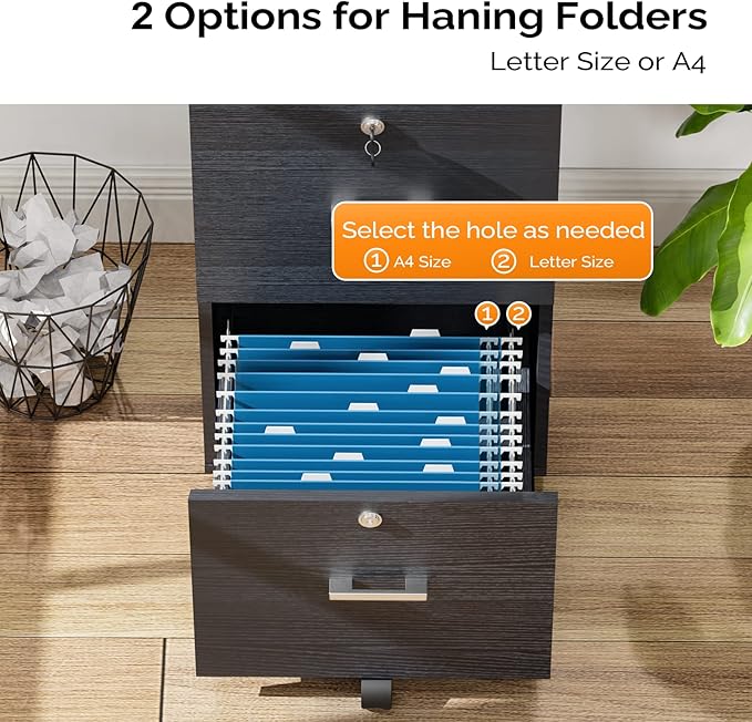 VINGLI 2-Drawer File Cabinet with Lock, Small Rolling Wood Filing Cabinet for Hanging Letter Size Filings with Tabs, Mobile Under Desk File Organizer for Home Office, Classic Black, 27.2" H