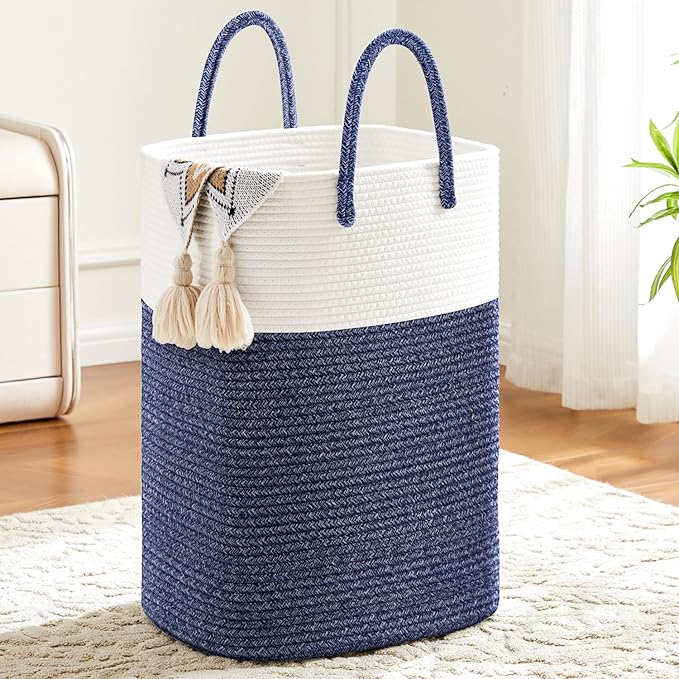 Laundry Basket,Woven Cotton Rope Laundry Hamper,Versatile Storage for Dirty Clothes,Baby Toys,and Blankets in Bathroom, Nursery,and Living Room (Blue, 80L)