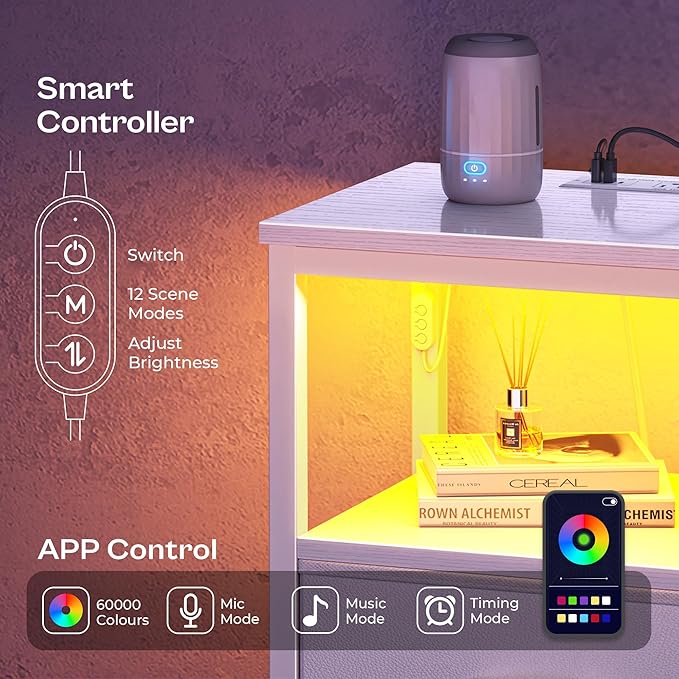 Huuger Night Stand with Charger Station and LED Lights, 4 Drawer Nightstand, Bed Side Table with Open Shelf, End Table, Fabric Dresser for Bedroom, PU Leather, White