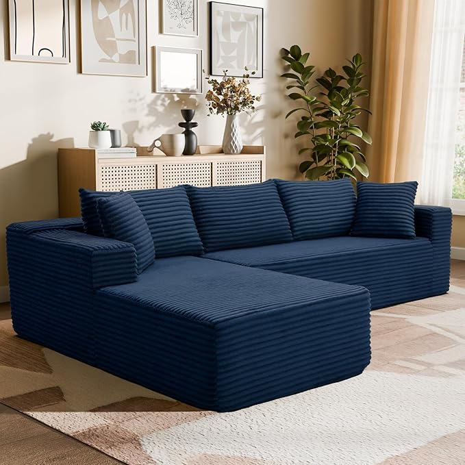 Modern Cloud Modular Sectional Sofa with Chaise, 106" L-Shaped Sofa Couch for Living Room, Deep Seat Plush Boneless Couches, Includes Pillows, Right Chaise, Blue