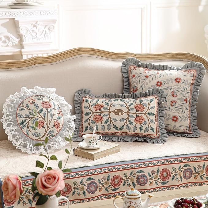 Orange Throw Pillow Covers Set of 4,Cottage Rustic with Blooming Floral Pattern Linen Pillowcases,Decorative Round Square Lumbar Pillows Cushion Covers for Couch Sofa Bed Chair Car