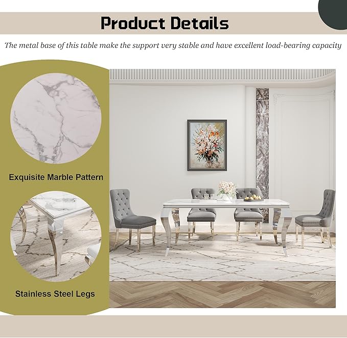 7-Piece Dining Table Set for 6, Faux Marble Dining Table Set with 70'' Marble Dinner Table and 6 Velvet Wing Back Chairs for Kitchen, Dining Room, Gray & Silver