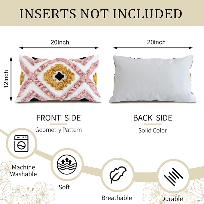 Boho Accent Lumbar Pillow Covers 12x20 - Tufted Abstract Modern Throw Pillow Covers, Farmhouse Decorative Pillowcase for Couch, Sofa, Bed, Living Room -Pink Black Orange Geometric