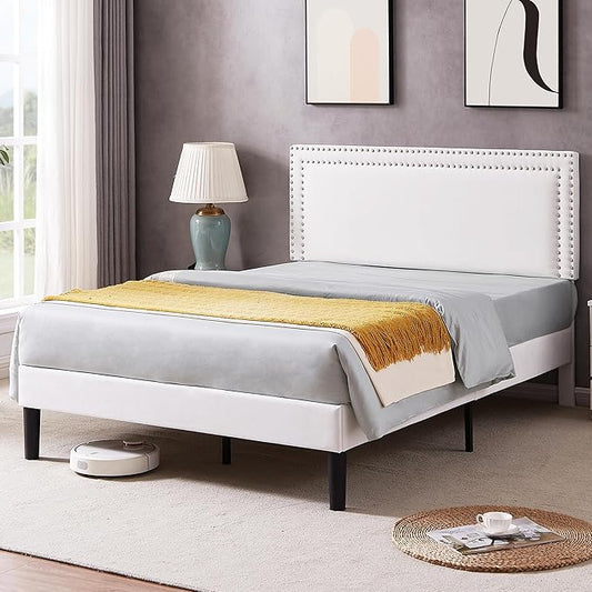 VECELO Queen Size Bed Frame with Adjustable Upholstered Headboard, Wooden Slats Platform, Noise-Free Design, Easy Assembly