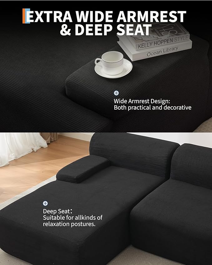 108" Cloud Sectional Couch with Chaise - Super Fluffy Boneless Sofa, Ultra Soft Corduroy L Shaped Couch Bed, Creates Cozy Atmosphere. Perfect Comfy Couches for Living Room, No Assembly Required, Black