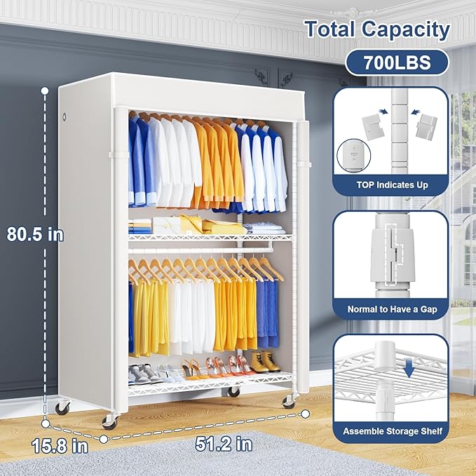 P8C Heavy Duty Clothes Rack（With Extended Width Design） Rolling Clothing Racks for Hanging Clothes with Lockable Wheels，51.2"W x 15.8"D x 80.5"H，Max Load 700LBS，White Rack with White Cover