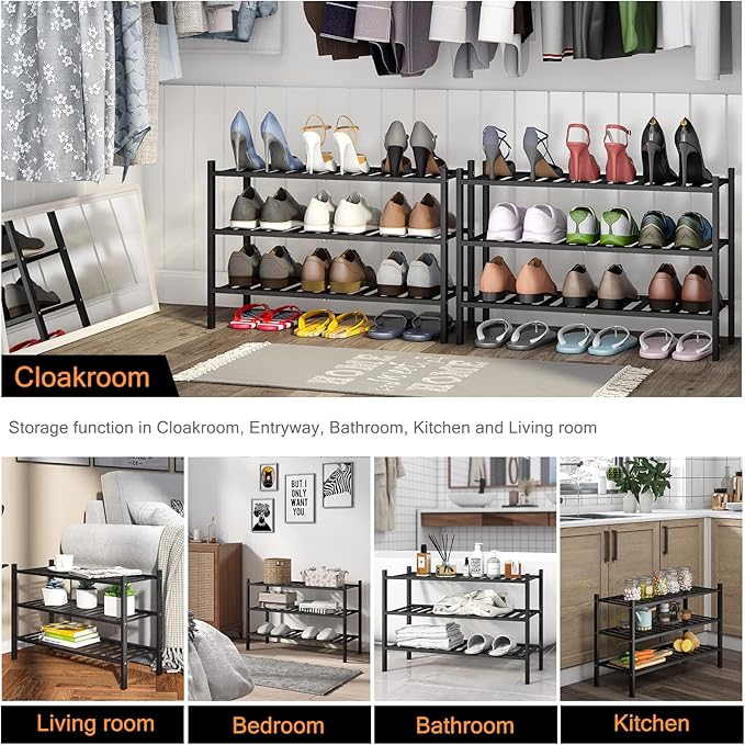 Shoe Rack, 3-Tier Bamboo Stackable Shoe Shelf Storage Organizer, Shoe Stand for Closet, Entryway and Hallway