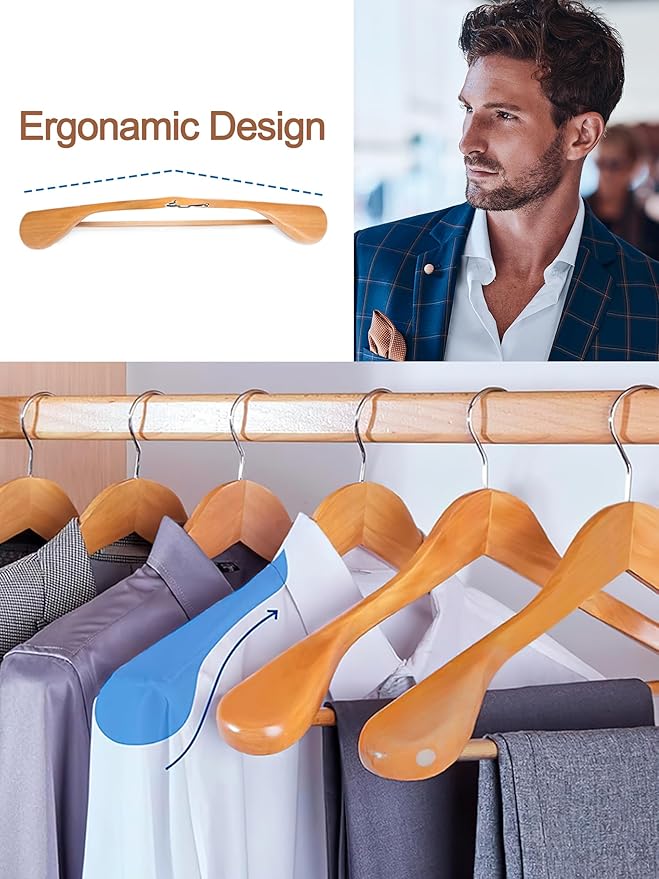 HOUSE DAY Wide Shoulder Wooden Hangers, Suit Hangers with Non Slip Pants Bar, Smooth Finish 360° Swivel Hook High-Grade Solid Wood Coat Hangers for Dress, Jacket, Heavy Clothes Hanger 6 Pack (Natural)