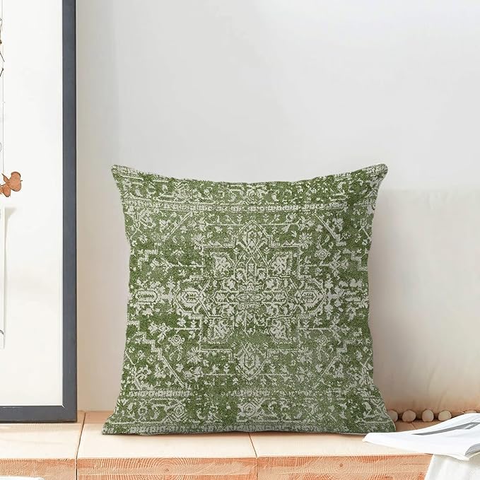 Boho Sage Green Throw Pillow Covers 20x20 Inch Set of 2, Carpet Pattern Decorative Throw Pillow Covers Bohemia Sage Green Linen Outdoor Cushion Cover for Sofa Couch Farmhouse Room Bed Decor