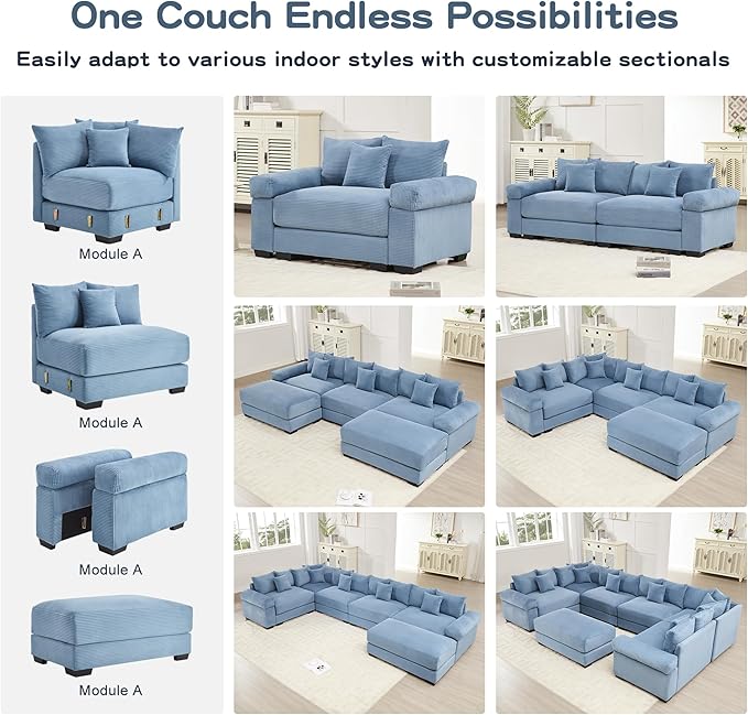 KEIKI 117" L-Shaped Oversized Corduroy Modular Cloud Sectional Sofa with High-Density Foam Cushion, Extra-Thick Armrest, Convertible 4-Seater Fluffy Corner Couch with 14 Pillow, for Living Room, Blue