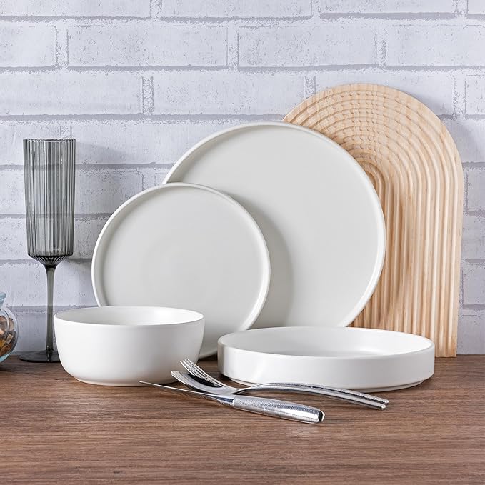 AmorArc Stoneware Dinnerware Sets with Pasta Bowl Set, Reactive Ceramic Plates and Bowls Set, Highly Chip and Crack Resistant | Dishwasher & Microwave Safe | Round Dishes Set Service for 4 (16pc)