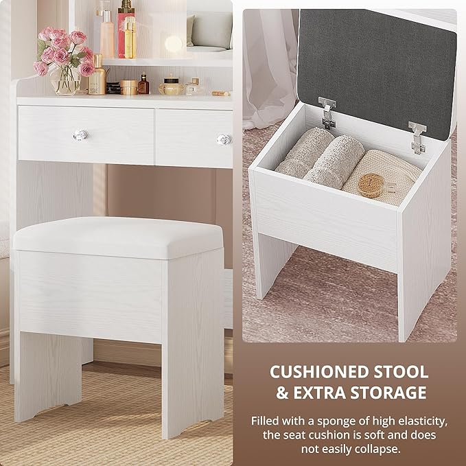 LIKIMIO Vanity Desk with Mirror and Lights, Makeup Vanity Table Set with Storage Stool, Makeup Drawer Organizer, 3 Color Modes Adjustable Bulb, Power Outlet, White Vanity for Bedroom