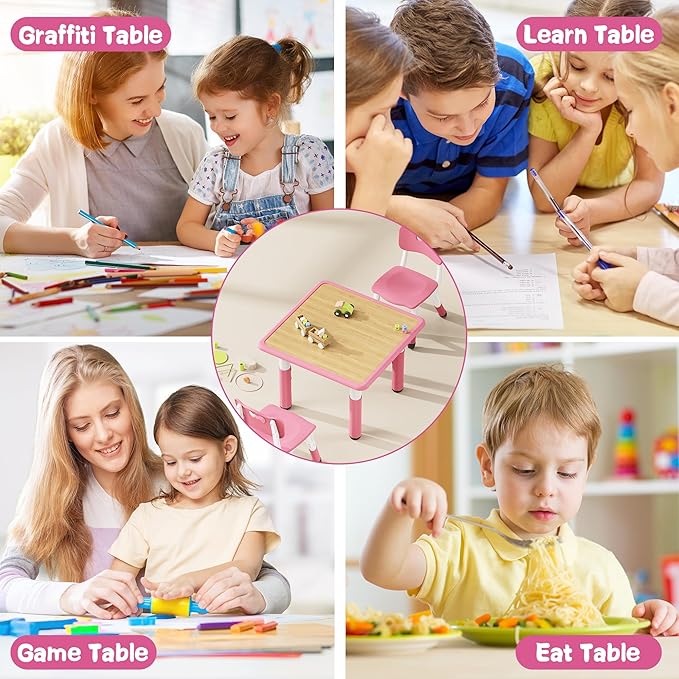 Brelley Kids Table and 2 Chairs Set, Height Adjustable Toddler Desk and Chair Set, Graffiti Desktop, Classroom/Daycare/Home, Children Multi-Activity Table for Ages 2-8