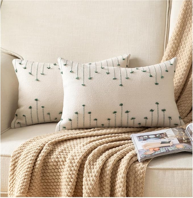 Boho Throw Pillow Covers 12x20 Set of 2 Decorative Pillows for Bed, Neutral Pillow Covers Beige with Green Line Throw Pillows for Modern Farmhouse Couch Sofa Living Room Outdoor