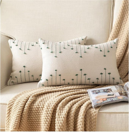 Boho Throw Pillow Covers 12x20 Set of 2 Decorative Pillows for Bed, Neutral Pillow Covers Beige with Green Line Throw Pillows for Modern Farmhouse Couch Sofa Living Room Outdoor