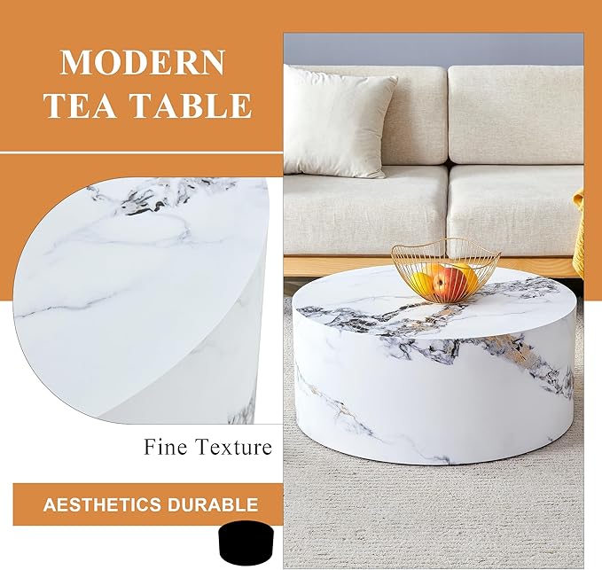 Modern Coffee Table,27.5Inch Round Top Tea Table,Living Room Center Table with Texture for Living Room,Office,Apartment