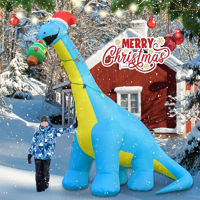 10 FT Christmas Inflatable Outdoor Decorations, Giant Christmas Dinosaur Blow up Yard Decor with Christmas Hat & Tree, Built-in LED Lights Xmas Holiday Decorations for Outside Lawn Garden Indoor