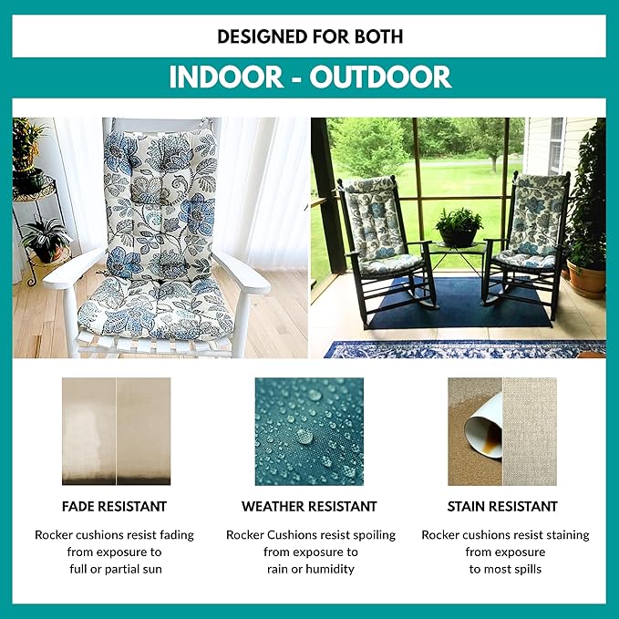 Barnett Home Decor Porch Rocker Cushions Set, Foam Filled Latex Chair Cushion & Backrest Pad Set, Made in USA, Small Size 23 x 19 Inches Outdoor Rocker Cushion, Blue Floral, Blue/White