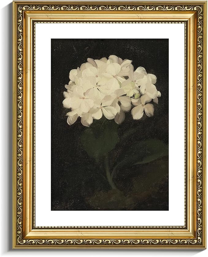 VIYYIEA Gold Framed Wall Art Canvas Print Home Decor Vintage Flower Art Aesthetic Room Decor White Hydrangea Oil Painting Canvas Prints Bedroom Bathroom Wall Decor Kitchen Office Floral Art 11x14in