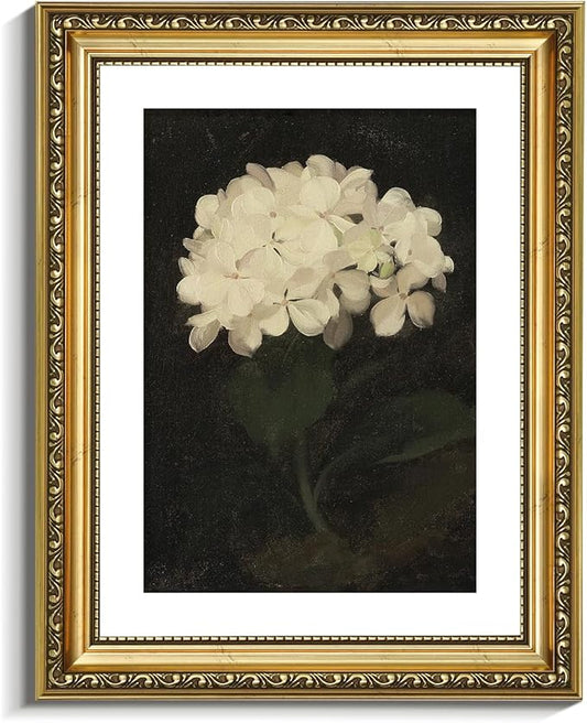 VIYYIEA Gold Framed Wall Art Canvas Print Home Decor Vintage Flower Art Aesthetic Room Decor White Hydrangea Oil Painting Canvas Prints Bedroom Bathroom Wall Decor Kitchen Office Floral Art 11x14in