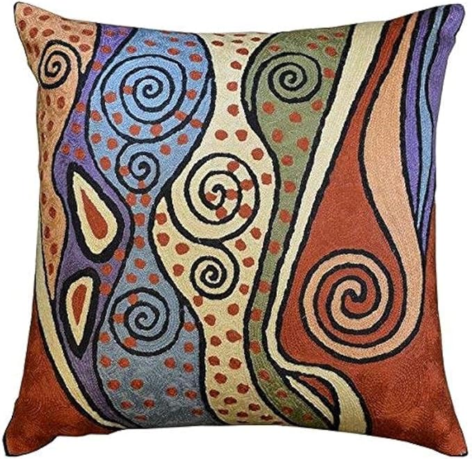 Klimt Rust Pillow Cover Contemporary Burnt Orange Pillowcase Art Nouveau Sofa Throw Pillows Needlepoint Boho Chair Cushions | Hand Embroidered Cushion | Wool Size 18x18