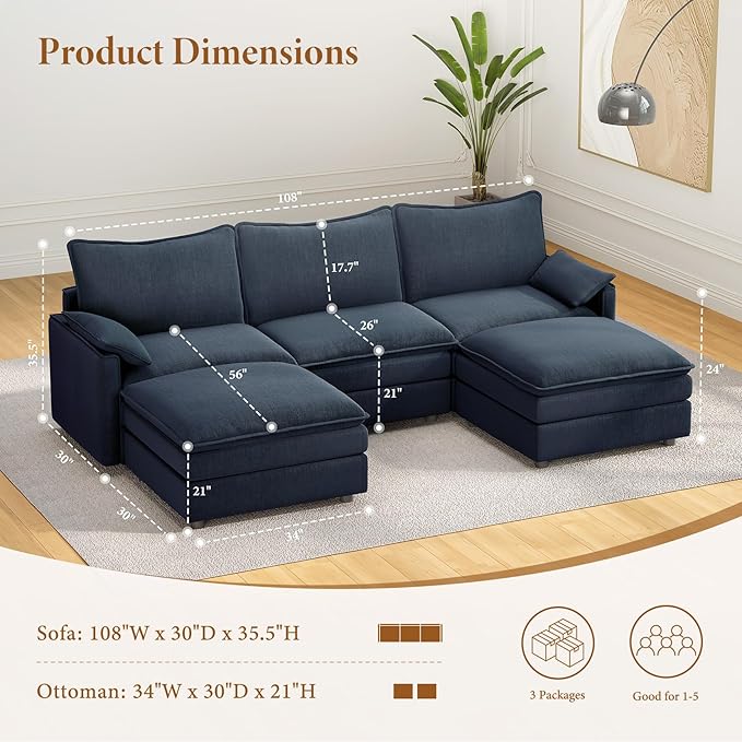 Vesgantti 108" U Shaped Sectional Couch, Comfy Cloud Modular Sectional Sofa with 2 Ottoman Deep Seat Chenille Modern Cloud Sofa, Modular Sofas for Living Room, Bedroom and Apartment, Blue