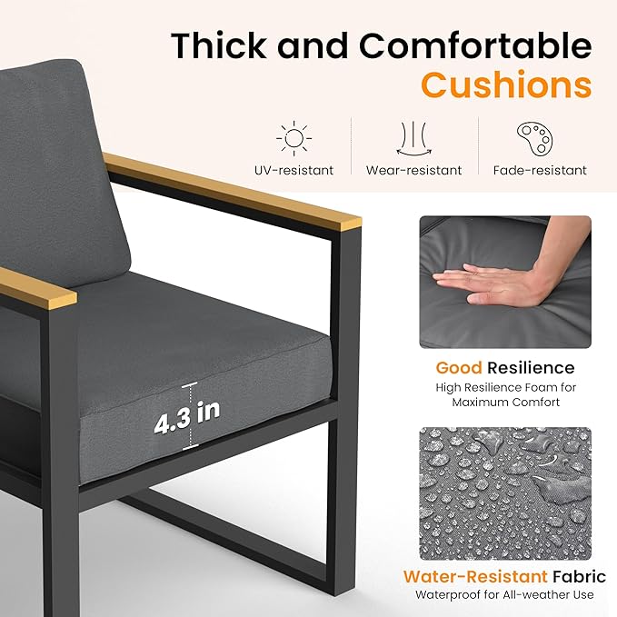 Pamapic 6 Pieces Outdoor Patio Furniture Set, Modern Metal Balcony Furniture with Plastic-Wood Coffee Table, All-Weather Patio Conversation Set with Thick Cushion for Balcony, Porch, Gray