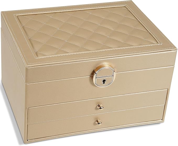 3-Layer Jewelry Box for Women, Earing Holder Jewelry Organizer and Storage with Removable Tray, Vintage Quilted Top Lockable Holder Gift Idea Champagne