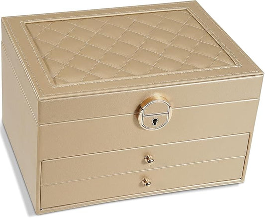 3-Layer Jewelry Box for Women, Earing Holder Jewelry Organizer and Storage with Removable Tray, Vintage Quilted Top Lockable Holder Gift Idea Champagne