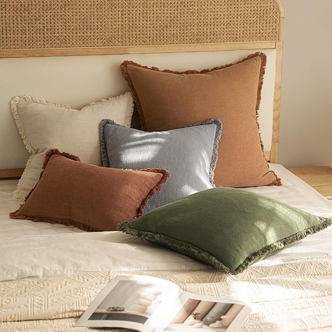 MIULEE Decorative Throw Pillow Covers Neutral Linen Fringe Throw Pillows Set of 2 Light Grey Boho Farmhouse Cushion Covers with Tassels for Couch Sofa Bed Living Room Spring Home Decor 20x20 Inch