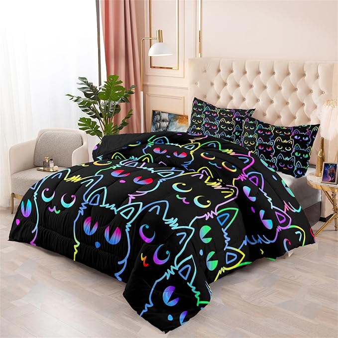 Cat Comforter Set for Girls Room-Colorful Cartoon Cats Bedding Bedroom Room Decor Ultra Soft All-Season with 1 and 2 Pillowcases,Queen Size