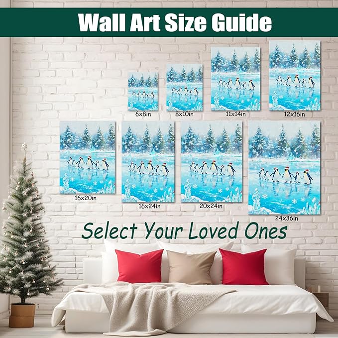 Christmas Penguin Canvas Wall Art - Playful Penguins in Snowy Forest Scene Framed Print for Living Room & Bedroom, Cozy Christmas Wall Decor, Charming Christmas Gifts & Festive Decorations
