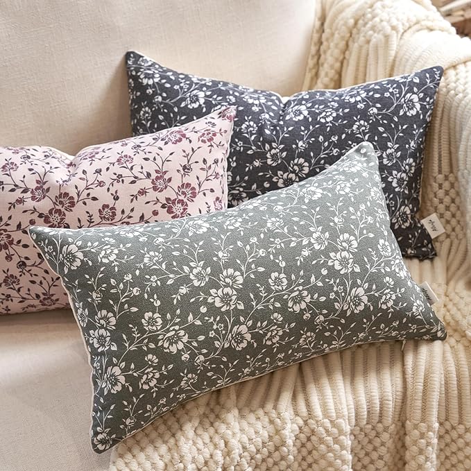 Alerfa Set of 2 Floral Lumbar Pillow Covers 12x20, Vintage Block Print Throw Pillow Covers Decorative Farmhouse Accent Couch Pillows for Living Room Bedroom, Dark Olive-Green