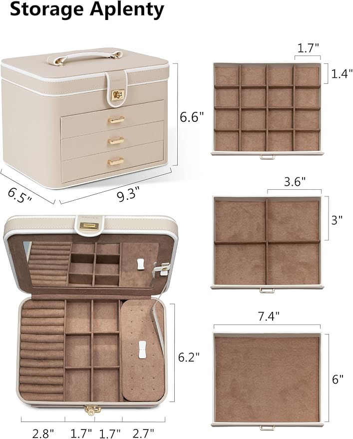 KAMIER Jewelry Organizer Box, 4 Layer Jewelry Organizer with Mirror, 3 Drawers, Large Jewelry Box for Bracelets, Earrings, Rings, Necklaces, Mothers Day Gifts for Loved One, Beige