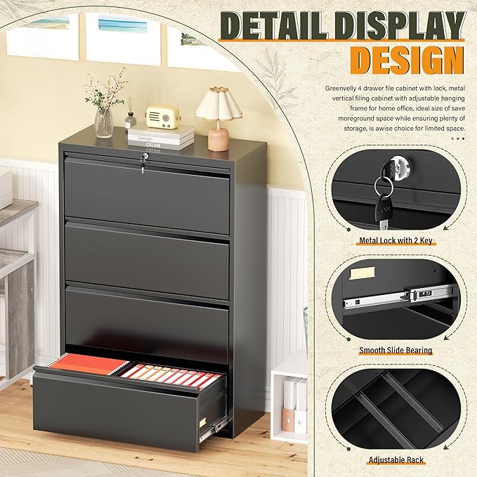 Greenvelly Lateral File Cabinet 4 Drawer, Lockable Metal Filing Cabinet for Home Office, Black Metal File Cabinet with Lock for Legal/Letter/A4/F4 Size with Hanging Bars&Key