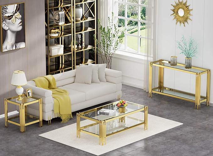 Goujxcy Modern Glass Coffee Table 47" Gold Center Table with Tempered Glass Top and Mirror Finish Stainless Steel Legs, Luxury Rectangular Coffee Table for Living Room Apartment (Gold)