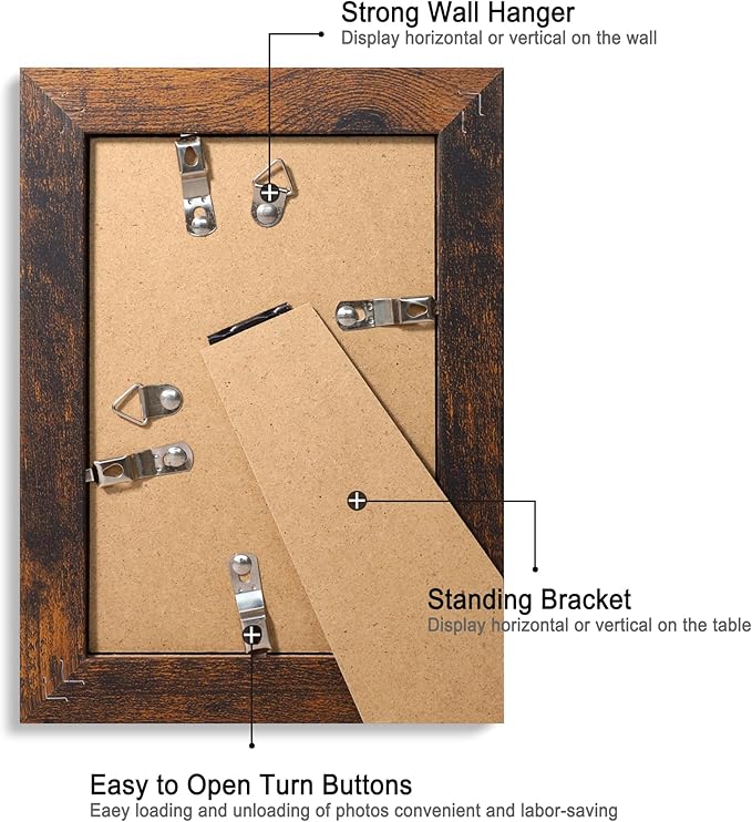 4x6 Picture Frame Set of 4, High Definition Glass 4 x 6 Frame, Wood Rustic Photo Frames for Horizontal or Vertical Display Tabletop and Wall Mounting, Dark Brown