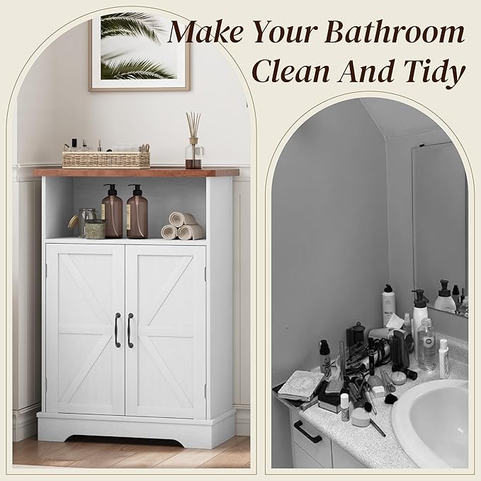 Smuxee Freestanding Cabinet Organizer, Farmhouse Style with Barn Door and Adjustable Shelf, White, for Bathroom, Kitchen, Living Room