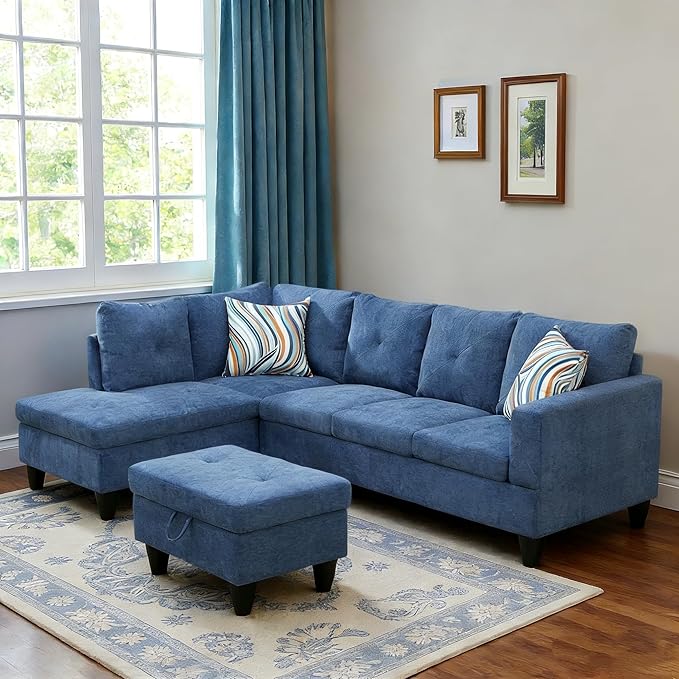 L-Shaped Sectional Sofa with Movable Chaise & Storage Ottoman, Lounge 3-Piece Modular Convertible Couches for Living Room, Apartment & Office, Blue