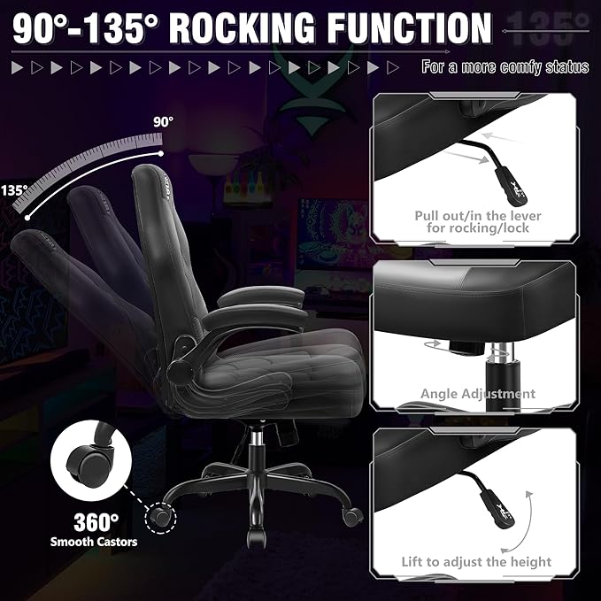 Gaming Chair, Leather High-Back Home Office Desk Chair with Flip-Up Arms, Ergonomic Padded Rolling Wheels Swivel Tilt Gamer Computer Chair with Comfy Lumbar Support, Height Adjustable, Black
