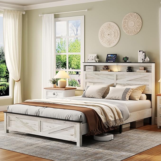 Farmhouse Queen Size Bed Frame with Headboard Storage Shelf, Wood Platform Bed Frame with LED Lights & Charging Station, Rustic White Metal Bed, No Box Spring Needed, Noise-Free Sturdy Structure