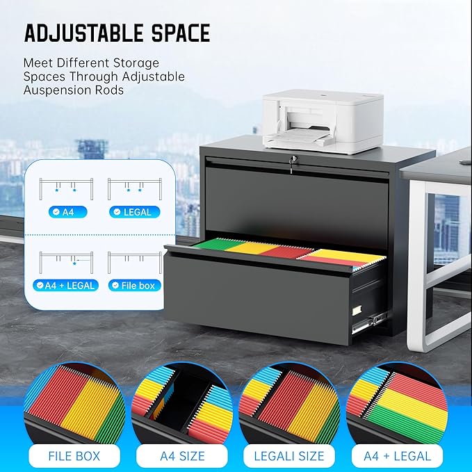 Greenvelly 2 Drawer File Cabinet, Black Metal Lateral File Cabinet with Lock, Office Filing Cabinet for Legal/Letter/A4/F4 Size with Hanging Files&Key, Lockable File Cabinets for Home Office