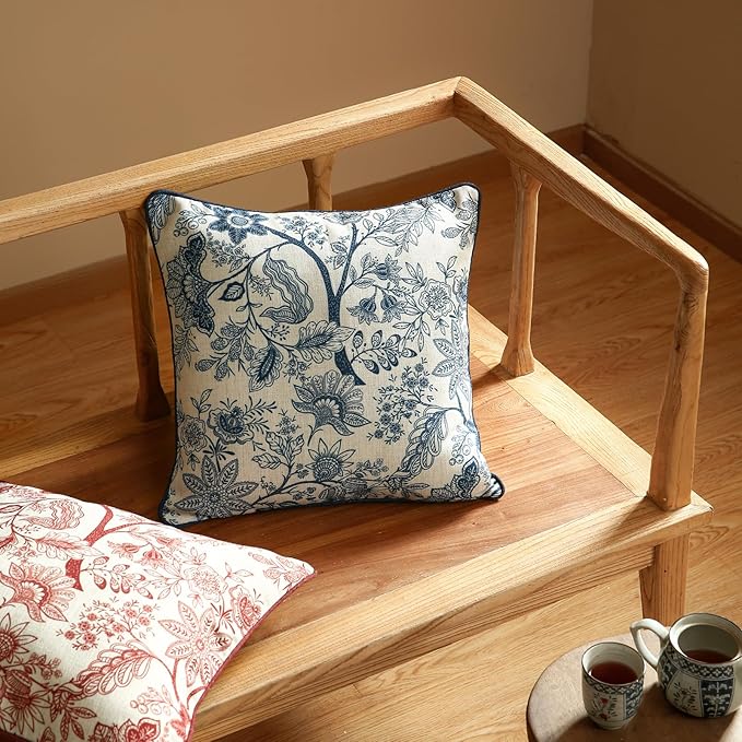 Design Linen Square Throw Pillow Covers 18"x18" Pack of 2, French Country Cushion Covers with Blue Toile de Jouy Floral Pattern Decoration Pillowcases for Bed, Living Room, Outdoor, Car