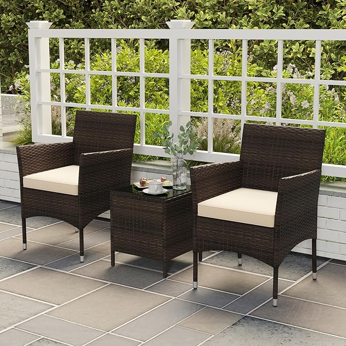 Tangkula 3 Pieces Patio Rattan Furniture Set, Outdoor Conversation Set with PE Wicker Armchairs, Tempered Glass Top Coffee Table, Soft Removable Cushions, for Porch Garden Yard Balcony (Beige)