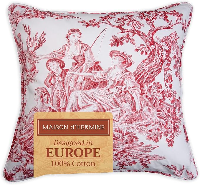 Maison d' Hermine Decorative Pillow Covers 20x20 Inch Square 100% Cotton Throw Pillow Covers with Invisible Zipper for Living Room Couch, Chair, Sofas, Bedroom, Home (The Miller - Red (White))