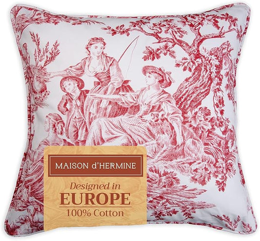 Maison d' Hermine Decorative Pillow Covers 18 x 18 Inch Square 100% Cotton Throw Pillow Covers with Invisible Zipper for Living Room Couch, Chair, Sofas, Bedroom, Home (The Miller - Red (White))