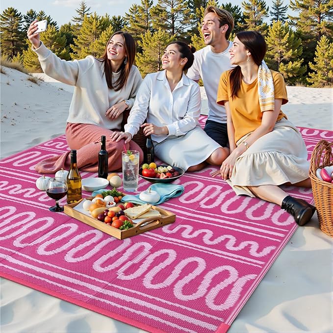 Beeiva Outdoor Waterproof Rug 8x10, Plastic Reversible Outdoor Camping Rug, Pink Patio Rug for Deck, Balcony, Backyard, Porch, Camping, Picnic - Pink